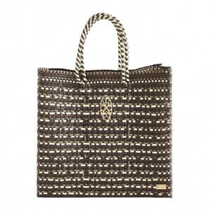 NEW LOLA'S BAG women's medium woven regular strap tote bag in taupe/gold